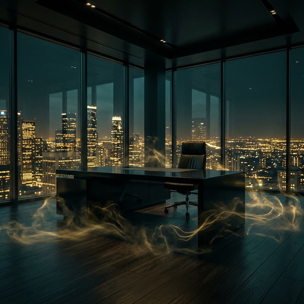 Oficina ejecutiva de lujo con vista a la ciudad y niebla mística